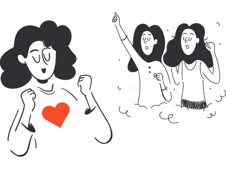 Illustrasjonsbilde som viser en jente med et stort hjerte på brystet. I bakgrunn står to andre jenter som engasjert hører på.