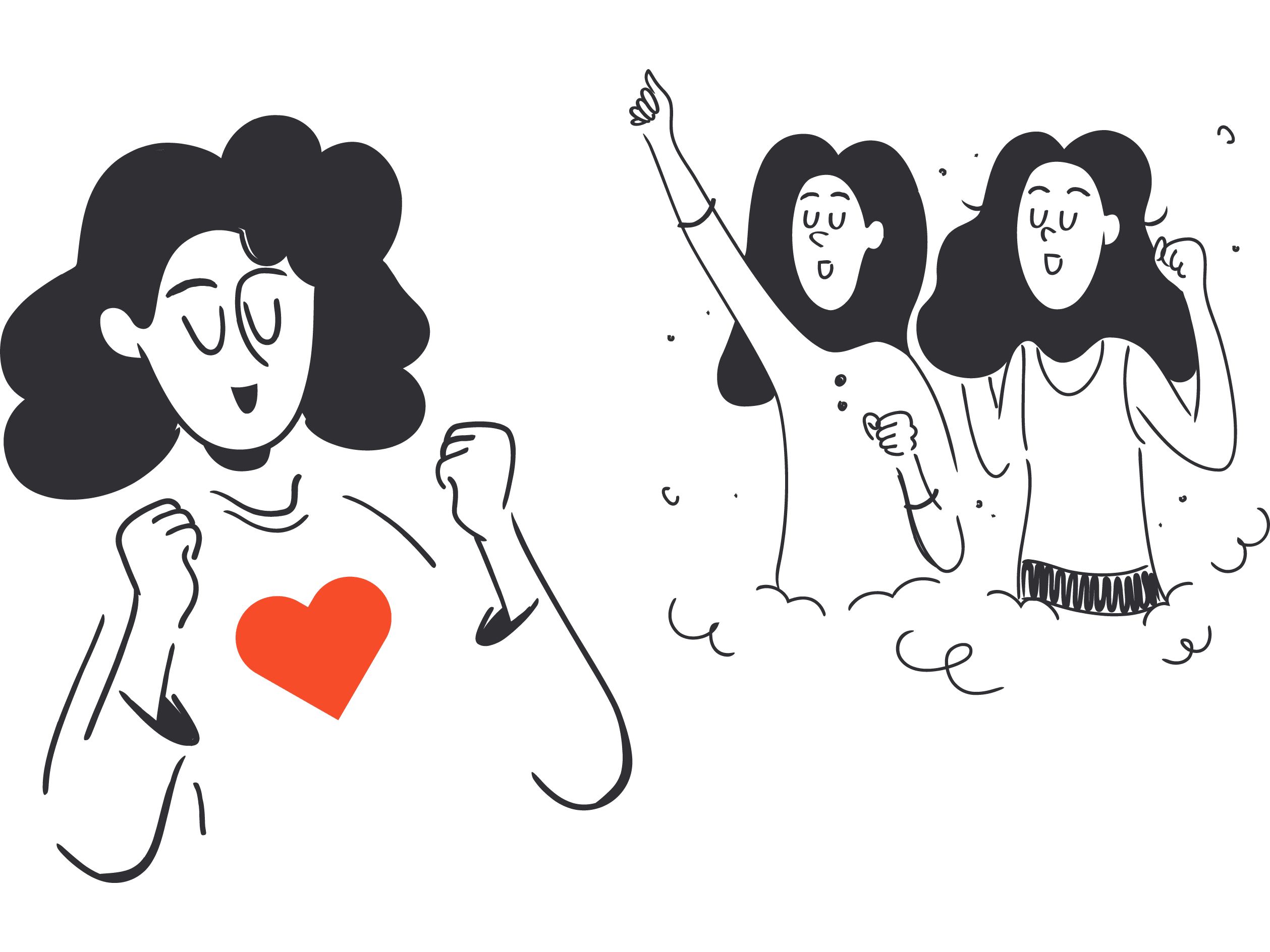 Illustrasjonsbilde som viser en jente med et stort hjerte på brystet. I bakgrunn står to andre jenter som engasjert hører på.