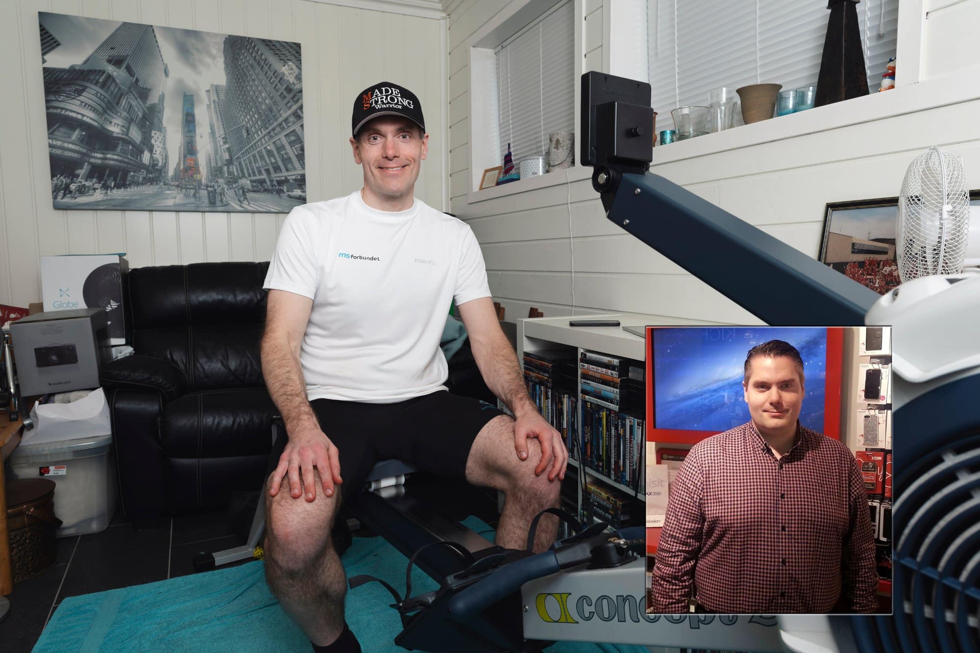 Før og etterbilde av Torbjørn Laundal. Det ene viser han sitter på romaskinen. Torbjørn gikk fra fra fullt kjør til ufør.