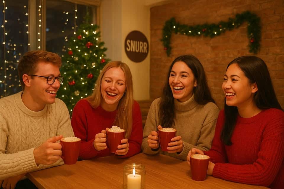 Fire personer som drikker kaffe på Snurr kafe