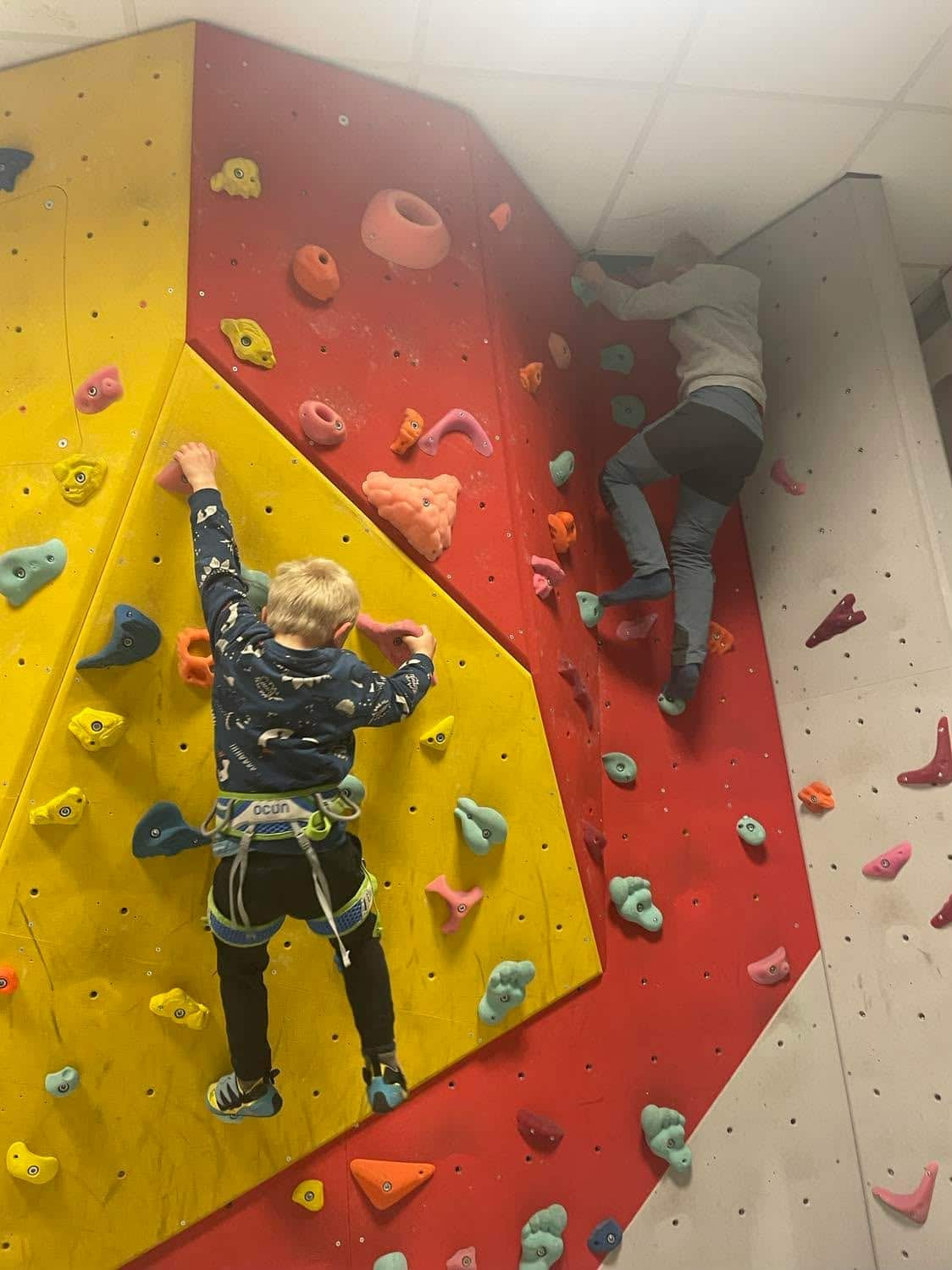 Bilde som viser to gutter på toppen i en klatrevegg.