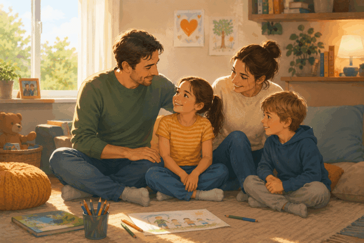 Illustrasjonsfoto av familie som sitter på gulvet og snakker om rettigheter ved ms.