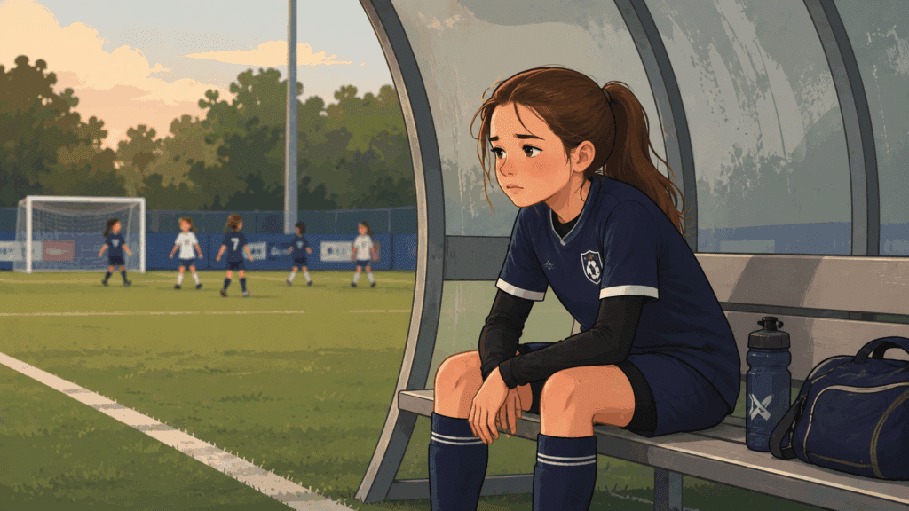 Illustrasjon av en jente som sitter på benken på fotballbanen.