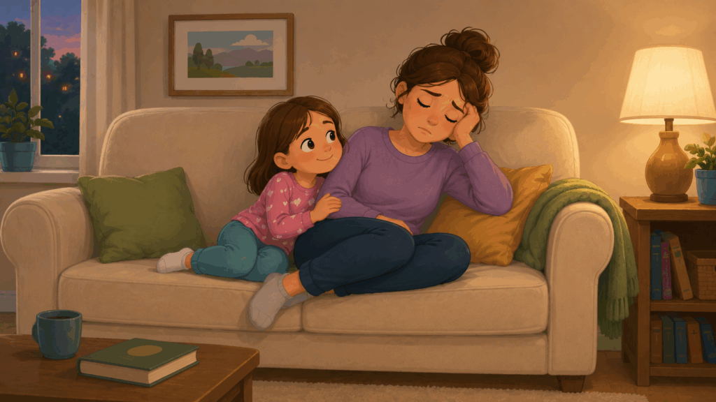 Illustrasjon som viser mor og datter på sofaen. Mammaen ser litt sliten ut.