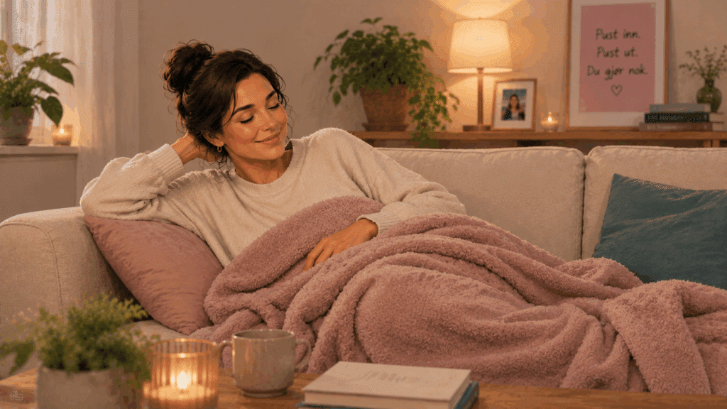 Illustrasjon som viser en mamma som ligger på sofaen og slapper av under et teppe.